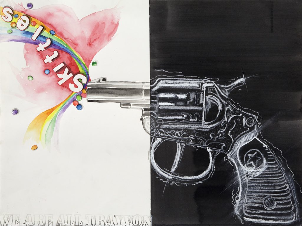 We Are All Trayvon, Watercolor, acrylic and chalk on paper, 31” X 25” (framed).