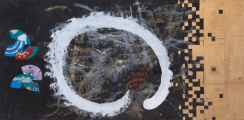 <h5>Zenkai's Ensō</h5><p>Acrylic and metal leaf on canvas, 65 X 32 inches. </p>
